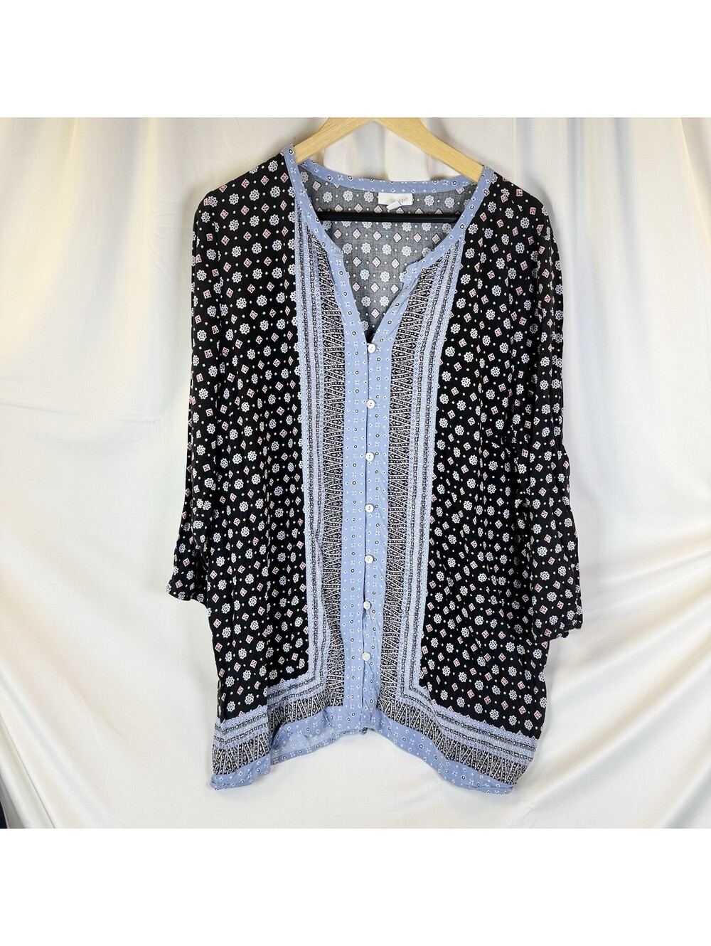 J Jill Blue Black Mixed Print Full Button 3/4 Sleeve Casual Blouse Women’s XL
